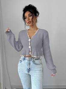 Elenzga Women Solid Color Button Front Long Sleeve Casual Blouse, Everyday Wear Fall Cloth For Women - Grey - View 3