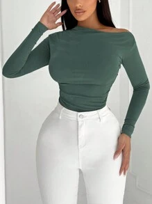 SHEIN SXY Camiseta de manga larga asimétrica con abertura en el hombro, estilo minimalista y sexy para la oficina y el trayecto - Verde Oscuro - Ver 4