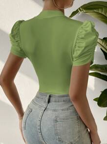 SHEIN SXY 纯色深 V 领褶皱裹身优雅短袖紧身衣 - 薄荷綠 - 查看 2
