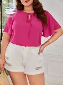 SHEIN Clasi 大碼繫帶領蝴蝶袖襯衫 - 玫紅色 - 查看 1