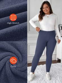 SHEIN LUNE Plus Size Women Solid Color Thermal Lined Casual Leggings, Autumn/Winter - Blue - View 3