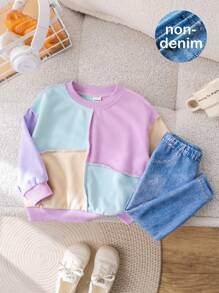 SHEIN 2pcs Baby Girl Contrast Color Long Sleeve Sweatshirt And Elastic Waist Pants Set, Autumn/Winter - Multicolor - View 10