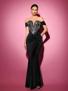 Glamrae Elegant Black Velvet Luxury Handmade Heart Pattern Hot Diamond Drop Shoulder Sleeve Fishtail Skirt Long Bandage Body Shaping Women's Formal Dinner Dress