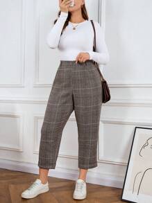 SHEIN LUNE Plus High Fall And Winter Pants Plaid Pattern Waist Plicated Detail Pants Holiday Outfit Party Festival Outfits