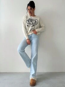 Firerie 女士优雅玫瑰花朵图案宽松卡其色毛衣，休闲通勤风格，秋冬 - 杏色 - 查看 6