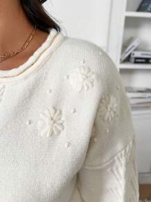SHEIN Frenchy Plus Size Floral Graphic Dropped Shoulder Long Sleeve Warm Fleece Pullover Sweater, Elegant For Autumn/Winter - Apricot - View 2