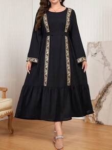 Al Najma Plus Size Long Sleeve Round Neck Ribbon Patchwork Elegant Party Dress Maxi Women Outfit