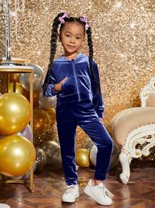 SHEIN Jong meisje mode feest fluwelen effen kleur capuchon vest set
