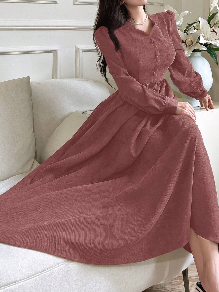 Modelyn Gaun Kasual Wanita Lengan Panjang Berlipit dengan Kancing Depan Warna Polos - Berwarna merah muda - View 1