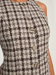 COSMINA Women's Houndstooth Print Crew Neck Single-Breasted Sleeveless Elegant Mini Dress
