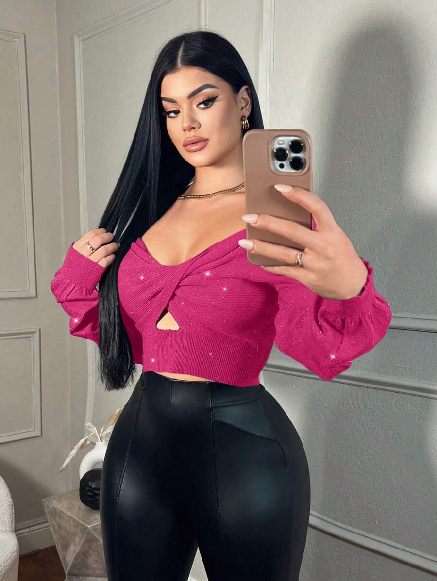 SHEIN SXY Pull sexy ajouré pour femme avec fil d'argent pailleté, adapté pour la Saint-Valentin, les fêtes de Noël et les vacances vertes - Rose vif - Voir 1