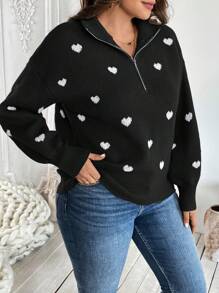SHEIN LUNE Plus Size Women's Zippered Lapel Heart Jacquard Pullover Sweaterbusiness Casual Woman,Holiday Outfits,Country Tops, For Winter - Black - View 5