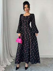 Al Najma 女式优雅迷你碎花灯笼袖阿拉伯风格长裙，秋季，端庄