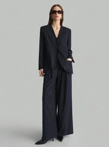 Ontre Women's Black & White Pinstripe Retro Style Loose Blazer & Pants Suit, Office Wear