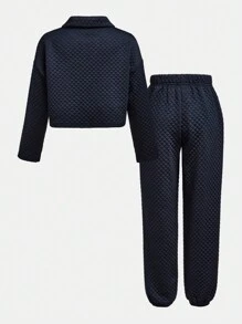 2pcs Tween Girls Quilted Collar Long Sleeve Top And Tapered Leg Pants Set - Navy Blue - View 2