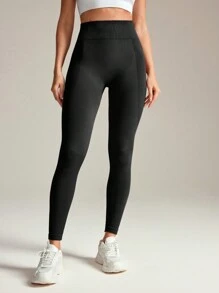 Gameset SHEIN Sport Women's Solid Color High Waist Seamless Fitness Leggings For Everyday Wear Yoga Pants - Black - View 5