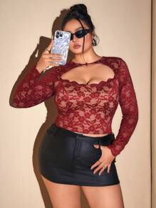 SHEIN ICON Plus Cut Out Front Lace Tee - Burgundy - View 4