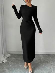 Elenzga 女士优雅时尚通勤 V 领腰部褶皱不对称下摆开叉纯色连衣裙，长袖