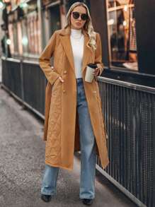 SHEIN LUNE Abrigo casual de invierno para mujer de unicolor, con cuello de solapa, doble botonadura y relleno, para otoño