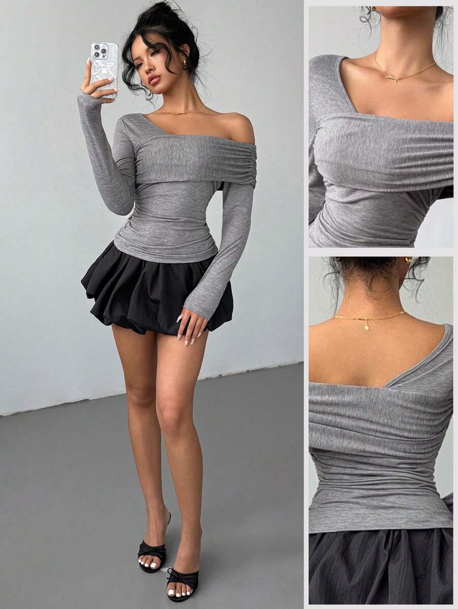 Aloruh Women Elegant Sexy Office & Casual Asymmetrical Neck Ruched Slim Fit Long Sleeve 
Off The Shoulders Grey T-Shirt - Grey - View 1