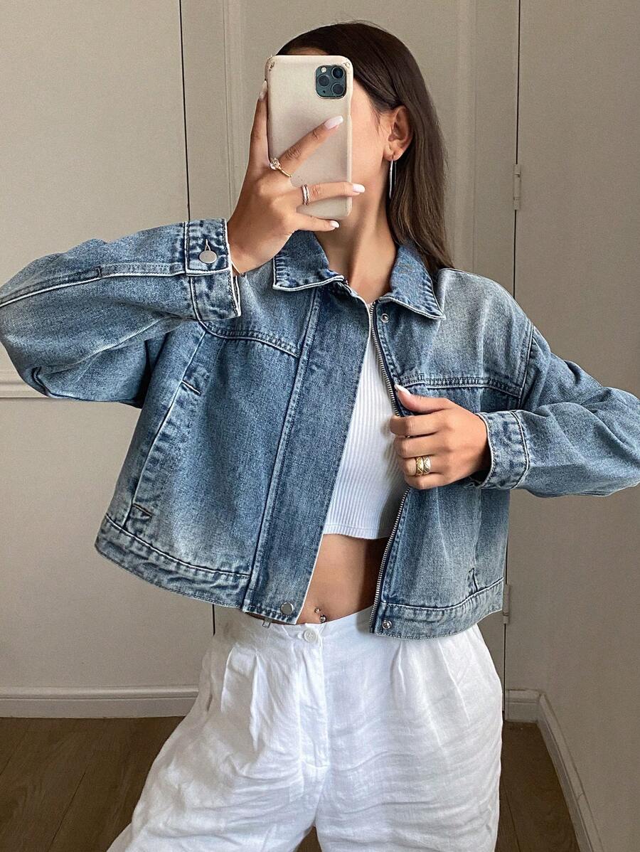 DAZY 做旧水洗宽松翻领长袖褪色女式牛仔夹克和外套 - 藍色 - 查看 1