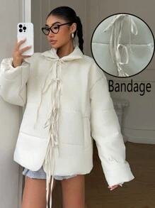 Chiquease 女士加厚抽绳蝴蝶结腰部加厚外套冬季 - 米色 - 查看 4