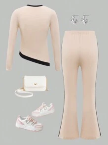 SHEIN Tween Girl Apricot Round Neck Long Sleeve T-Shirt With Black Patchwork Flare Pants 2 Pieces Set