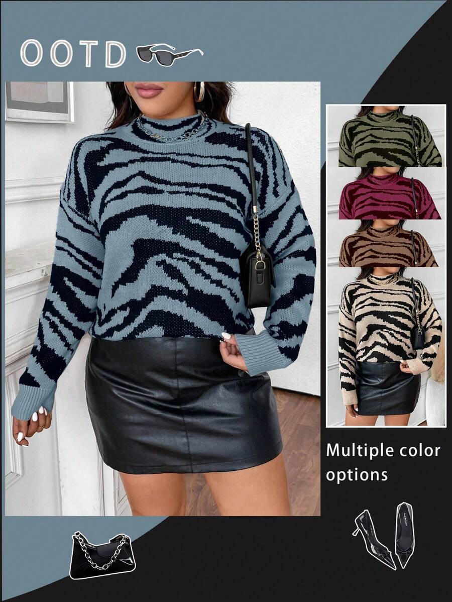 Calvaya Suéter casual minimalista de cuello redondo y manga larga con estampado de cebra, tejido de punto para otoño e invierno, talla grande - Multicolor - Ver 1