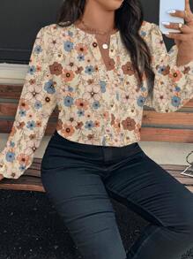 SHEIN Clasi 大码 V 领长袖花卉印花休闲衬衫