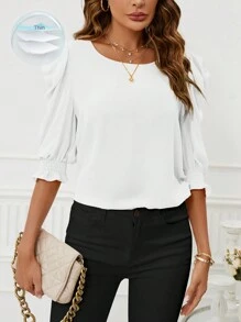 SHEIN Clasi Ladies' Solid Color Round Neck Casual Blouse For Summer