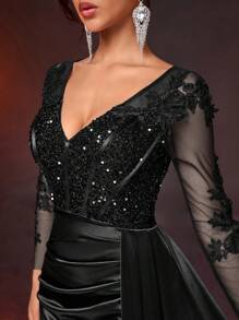 Glamrae 优雅奢华V领长袖蕾丝贴花亮片刺绣鱼骨装饰开衩鱼尾连衣裙，搭配虹彩弹力褶皱拼接设计，适合婚礼、派对、舞会、正式场合、婚礼宾客礼服、晚礼服、长裙、情人节等场合。 - 黑色 - 查看 7