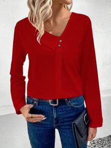 Chiquease 女士纯色不对称领长袖纽扣设计休闲衬衫秋季新年衣服