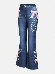 SHEIN Lunivi Tween-Mädchen Schlaghose mit Denim-Effekt-Print, Schmetterlingsdekor und ärmellosem Neckholder-Top, lässiges 2-teiliges Set für Jugendliche