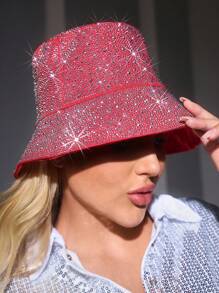 SHEIN SXY Rhinestone Embellished Elegant Bucket Hat For Women, Suitable For Festivals - Red - View 3