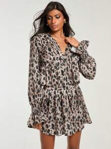 COSMINA 2pcs Women Leopard Print Bell Sleeve Blouse And Pleated Skirt Set, Casual For Autumn