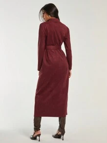 COSMINA Wine Red Long Sleeve Metal Button Belted Dress For Women, Suitable For Valentine's Day And New Year, Autumn/Winter - Burgundy - View 2