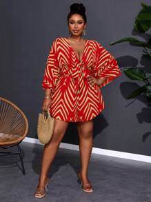 Slaydiva Plus Size Women Holiday Casual V-Neck Loose Printed Jumpsuit With Tie Belt - Burgundy - View 4