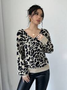 Chiquease 女士豹纹蝴蝶结长袖毛衣