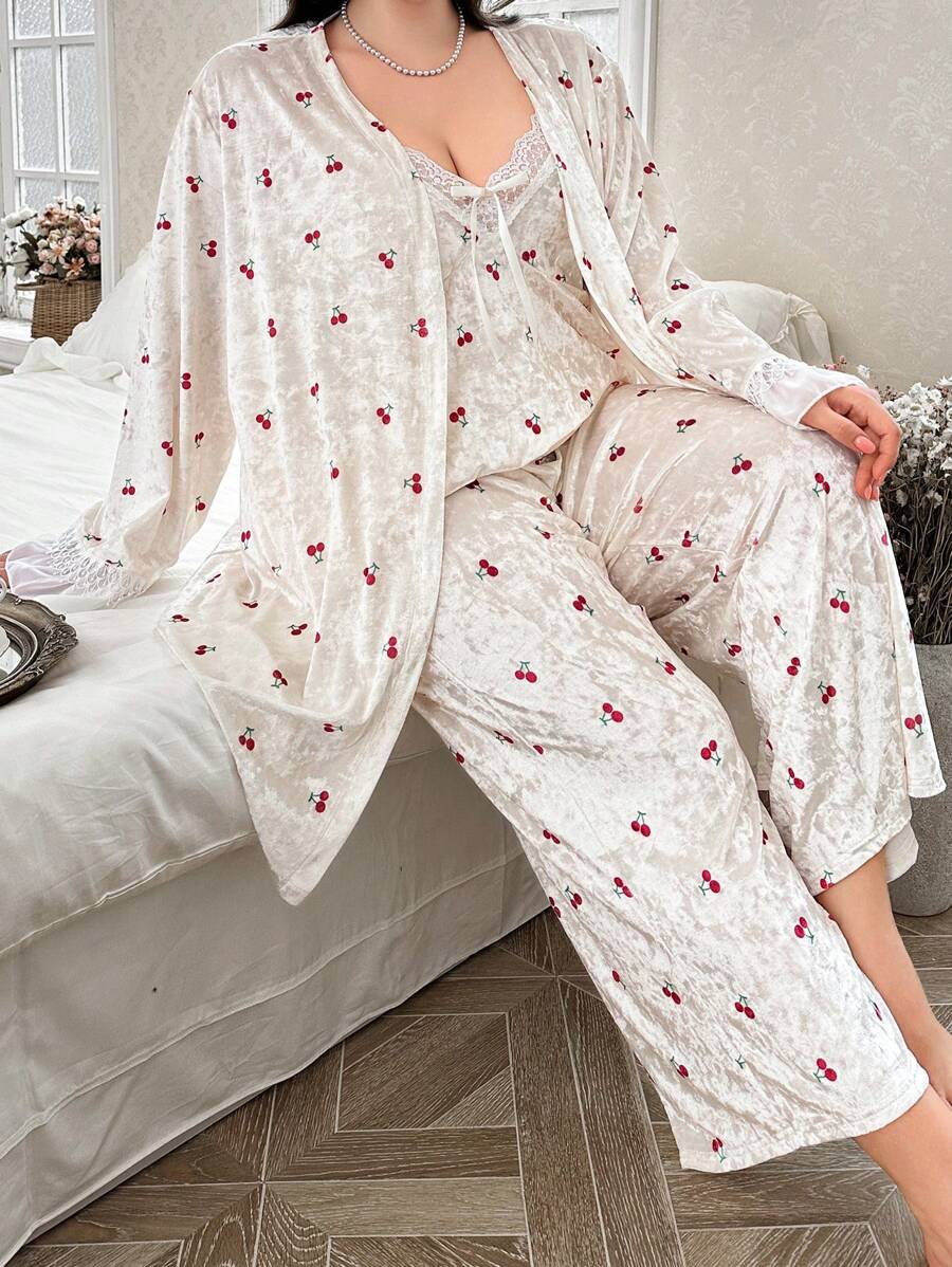 CottageSlumber Set de 3 piezas de bata de terciopelo con adorno de encaje y estampado de cerezas romántico, para otoño/invierno