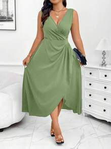 Celure Vestido de talla grande de unicolor y sin mangas con envolvente, vestido largo de mujer de verano