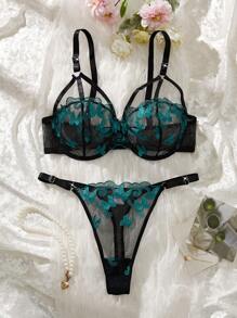 2pcs Plus Size Green Sexy Lingerie Set, Lift