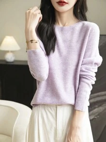 Pull en laine mérinos 100% pour femme, manches longues, col ras-du-cou, pull chaud et doux en tricot pour l'automne et l'hiver