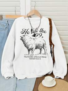 SHEIN LUNE 女士休闲动物标语印花圆领运动衫 - 白色 - 查看 3