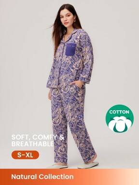 LUVLETTE Paisley Print Cotton Long Pajama Set For Women Lounge Sets For Women Pants With Pockets Lingerie