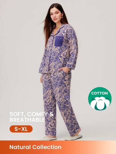 LUVLETTE Paisley Print Cotton Long Pajama Set For Women Lounge Sets For Women Pants With Pockets Lingerie Fall Pajamas Clothes,Spring And Summer
