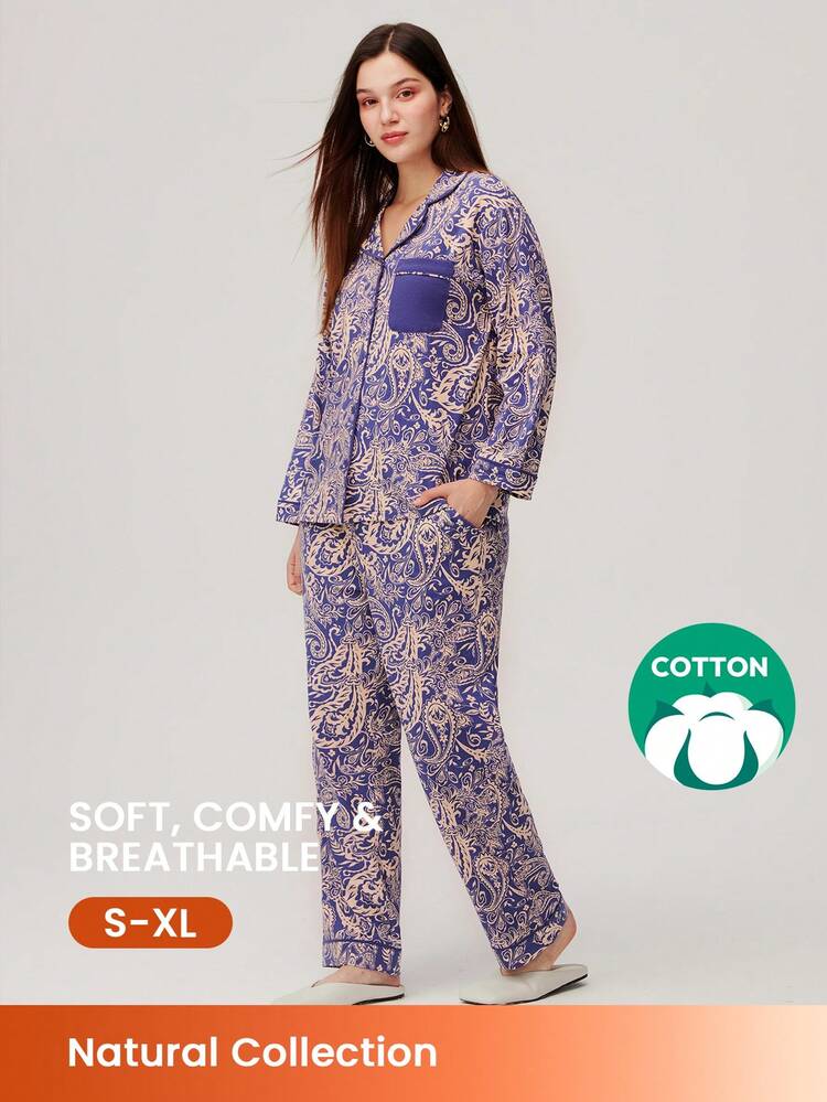ペイズリー柄コットンロングパジャマセット レディース ルームウェアセット ポケット付きパンツ ランジェリー 秋冬パジャマ 春夏