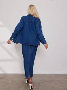 女士经典复古两件套牛仔套装，标准长袖牛仔衬衫和高腰 A 字裙，适合办公室女士和休闲和学校春夏秋冬