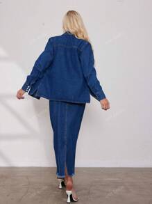 Ensemble denim classique et vintage pour femmes en deux pièces, chemise en denim à manches longues standard et jupe trapèze taille haute, pour dame de bureau, décontracté et école au printemps/été/automne/hiver