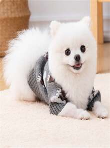 PETSIN 灰色针织保暖宠物毛衣带袖，可爱熊猫和狗狗设计，适合秋冬季