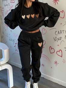 SHEIN Leap Crew 2pcs/Set Teen Girls Casual Ombre Heart Print Crew Neck Thick Long Sleeve Sweatshirt & Pants Set, Suitable For Autumn/Winter - Black - View 1